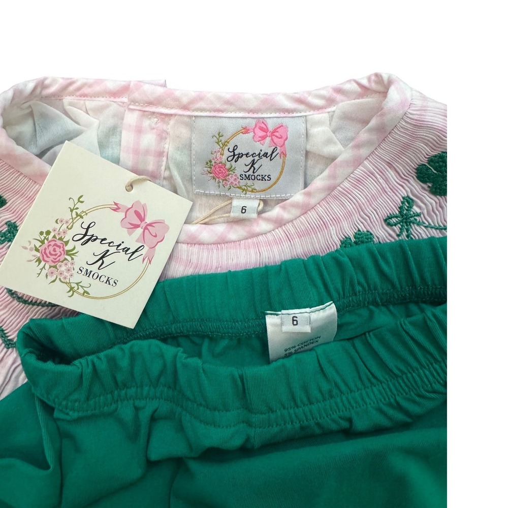 Special K Smocks Girls St Patricks Day Shamrock Gingham Dress Leggings Set 6 NEW - Picture 2 of 10